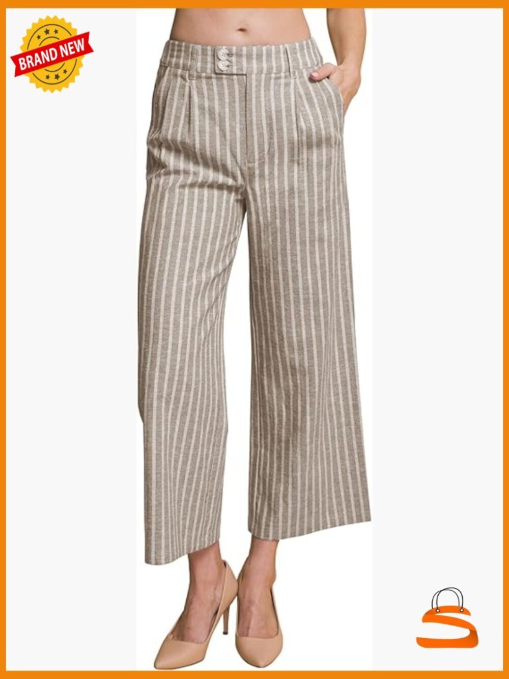 High Waisted Striped Cropped Pants Straight Leg Trousers with Pockets